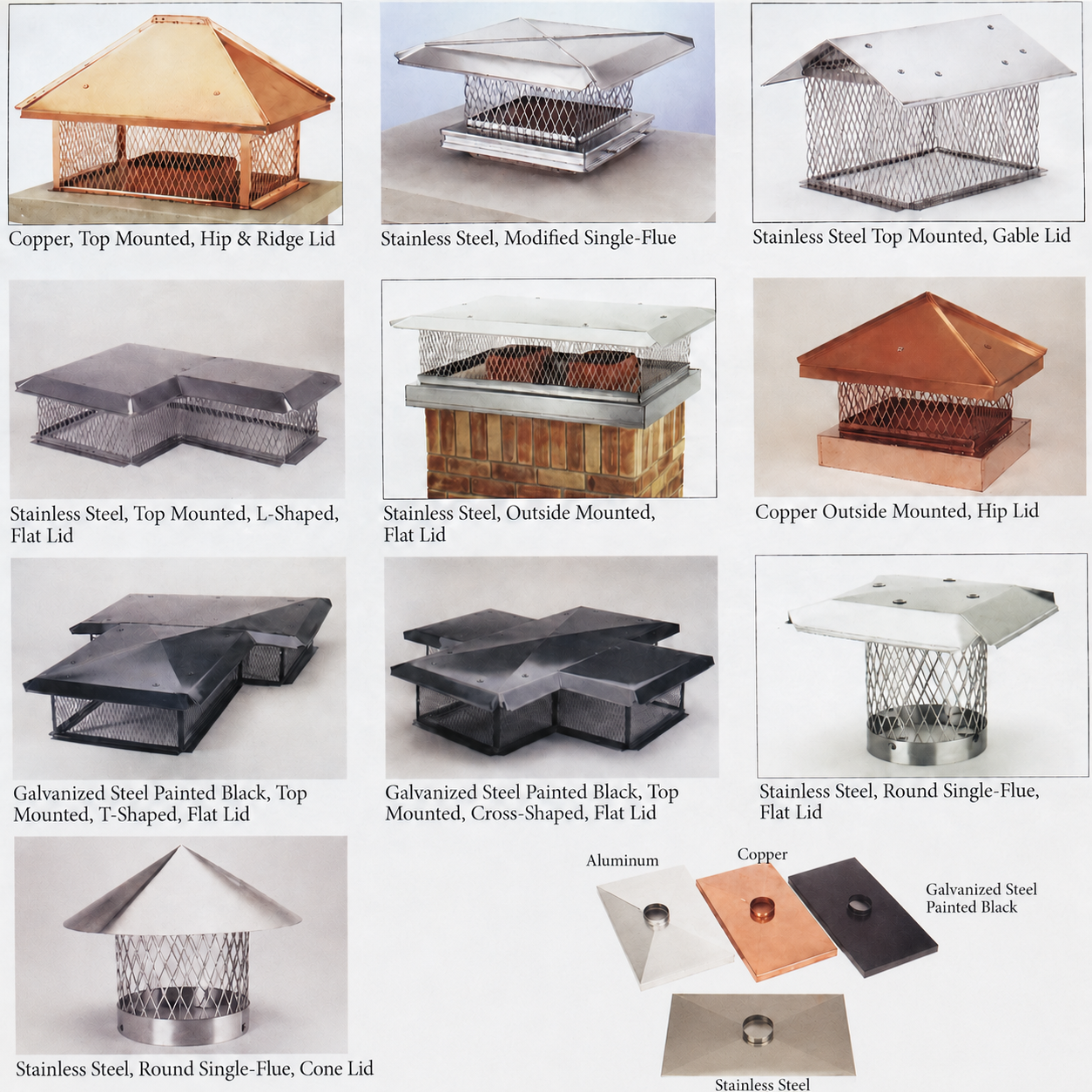 Brochure panel showing copper, stainless steel, galvanized steel, aluminum, and painted chimney cap styles